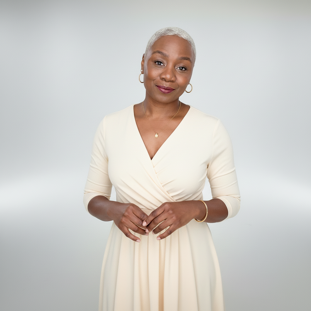 Samantha Gregory, founder of Self Care Oasis, in a cream wrap dress