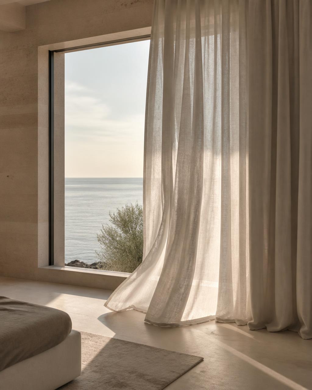Sheer linen curtains drifting beside a wide window overlooking a calm sea in a warm stone interior